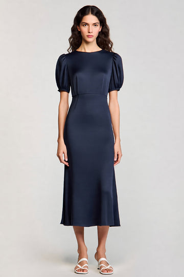 Navy Satin Sheath Long Formal Dress with Sleeves